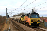 Colas Rail Freight Class 70 No 70802 approaches Tyne and Wear Metro Fellgate station on 3.3.25 with 6E90 0635 Oxwellmains Lafarge Colas to Seaham Harbour Colas Rail loaded cement tanks