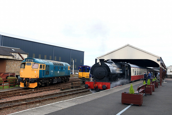 NCB Fife area, No 19 Hunslet Austerity 0-6-0ST in black waits at Bo'ness 12.2.23 with 1230 Bo'Ness  - Manuel service at Bo'Ness and Kinneil Railway. 27001 and Hydrogen Multiple Unit 614209 (ex 314209)