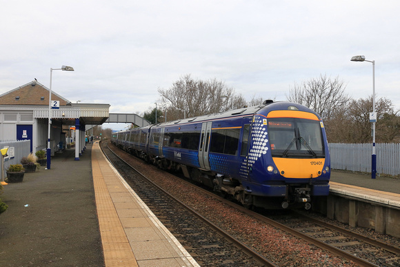 ScotRail Class 170 No's 170401 & 170394 depart from Dalmeny Station on 12.2.23 with 2G02 1320 Glenrothes with Thornton to Edinburgh service having crossed the Forth Rail bridge