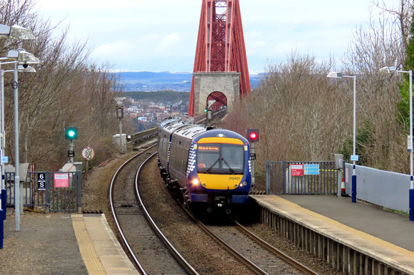 ScotRail Class 170 No's 170401 & 170394 enter Dalmeny Station on 12.2.23 with 2G02 1320 Glenrothes with Thornton to Edinburgh service having crossed the Forth Rail bridge {SMB}
