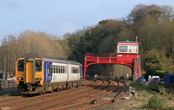 Northern Class 156 No 156471 approaches Hexham Station on 24.3.23 with 5N38 1545 Hexham to Hexham ECS. In the distance is the Grade II listed overhead Hexham Signal box built in c. 1896