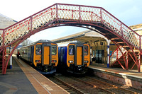 Busy scene at Hexham Station on 25.3.23. On the left Northern Class 156 No 156471 with 2G35 1159 Whitby to Hexham, right is Class 156 No 156485 with 1N70 1454 Carlisle to Newcastle service