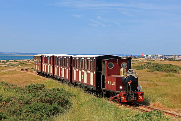 The Hayling Light Railway is a 2ft narrow gauge line that runs along the south coast of Hayling Island between Eastoke Corner and Beachlands. On 28.5.23 No 3 'Jack' works the 1105 return service from