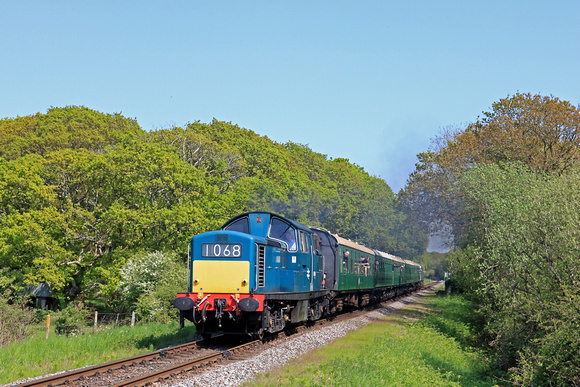 Guest Loco Clayton Class 17 No D8568 approaches Quarr Farm Crossing, near Hamans Cross with 1R12 1439 Swanage to River Frome Viaduct at the Swanage Railway Diesel  Gala. 33111 at rear