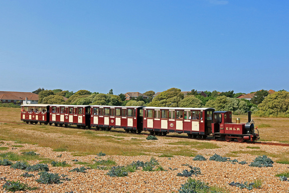 The Hayling Light Railway is a 2ft narrow gauge line that runs along the south coast of Hayling Island between Eastoke Corner and Beachlands. On 27.5.23 No 3 'Jack' heads the 1450 return service from