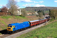 Preserved Class 47 No 47105 departs Winchcombe station seen at Greet on 7.4.23 with 1535 Broadway to Cheltenham GWSR service.