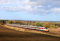 In lovely autumn light, LNER Class 800 No 800107 powers past Plawsworth near Durham on 20.10.24 with 1E17 0940 Inverness to York service