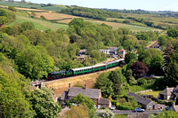 SR 4-6-2 West Country Class No 34028 'Eddystone' departs Corfe Castle on 22.5.23 with the 2N06 1500 Swanage to Norden on the Swanage Railway