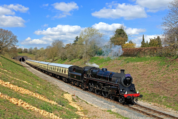 Standard class 4 4-6-0 no. 75014 'Braveheart' on three-month visit Dartmouth Steam Railway is seen at Greet heading towards  Winchcombe Station on 8.4.23 with 1245 Cheltenham to Broadway GWSR service