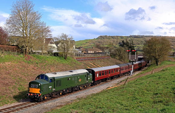 Preserved Class 37 No D6948 (37248)  departs Winchcombe station seen at Greet on 12.4.23 with 1535 Broadway to Cheltenham GWSR service.