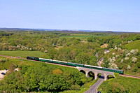 SR 4-6-2 West Country Class No 34028 'Eddystone' crosses Corfe Castle Viaduct on 22.5.23 with the 2N06 1500 Swanage to Norden on the Swanage Railway