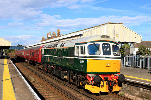 D6515 'Lt Jenny Lewis RN' (33012) with GBRf's London Underground 4TC set waits at Wareham Station on 11.5.23 with 5Z34 1112 Eastleigh to Swanage ECS  for the Swanage Railway Diesel Gala May 2023