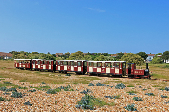 The Hayling Light Railway is a 2ft narrow gauge line that runs along the south coast of Hayling Island between Eastoke Corner and Beachlands. On 27.5.23 No 3 'Jack' works the 1450 return service from