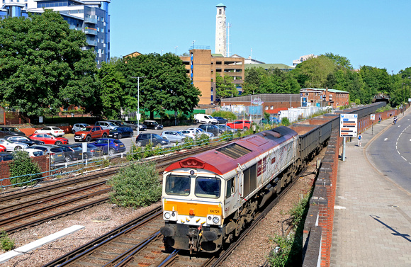 GBRf 66721 'Harry Beck' at Southampton Central on 30.05.23 with 4Y19 1230 Mountfield Sidings (Gbrf) to Southampton W Docks (Gbrf) Gypsum empties