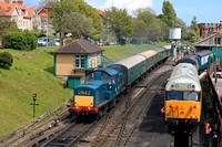 Clayton D8568 departs Swanage Station on 11.5.23 with 1355 Swanage to Norden service. Restored 50021 'Rodney' is seen in the sidings undergoing last minute preparations for Diesel Gala May 2023
