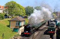 SR 4-6-2 West Country Class No 34028 'Eddystone'  departs Swanage on 24.5.23 with 2N04 1330 Swanage to Norden service on the Swanage Railway. Battle of Britain class 34072 '257 Squadron' is seen being