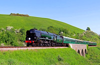 SR 4-6-2 West Country Class No 34028 'Eddystone' crosses Corfe Castle Viaduct on 22.5.23 with the 2N08 1630 Swanage to Norden service on the Swanage Railway (SMB)