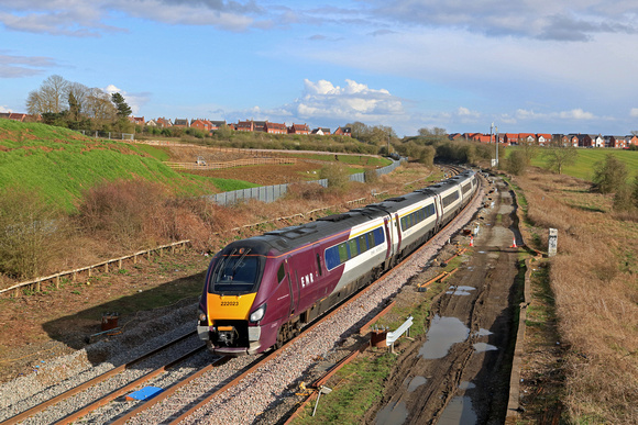 EMR Class 222 No 222023 is seen at Wistow, MML on 6.4.23 with 1D90 1605 St Pancras International to Nottingham service. Note the prep work for MML electrification work