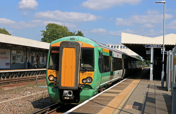 Southern Class 377 No 377213 waits at Havant Station on 25.5.23 with 1N20 1430 Brighton to Southampton Central service