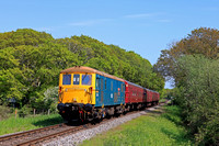 GBRf Class 73 No 73201 'Broadlands'  with 4TC set approaches Quarr Farm Crossing, near Hamans Cross with 2C12 1415 Swanage to Corfe Castle service at the Swanage Railway Diesel Gala May 2023