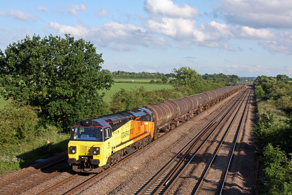 Colas Rail 70808 powers past Cossington, MML heading towards Sileby Junction on 20.6.16 with 6E38 1354 Colnbrook Colas Rail - Lindsey Oil Refinery Colas empty bogie oil tanks