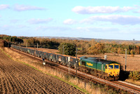 Freightliner Class 66 No 66566 at Plawsworth NR DurhaM 22.10.24 with 6Z98 1152 New Biggin Flhh to Tees Yard Dn Stagings Fh Gypsum empties having taken over from DB Cargo and run via Tyne Valley instea