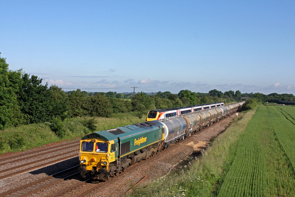 66613 at Cossington, MML on 24.6.16 with 6L44 Barrow Hill Up Sdg 1 - West Thurrock Sidings  loaded cement tanks outpaces EMT 220001 0755 Nottingham - St Pancras International service