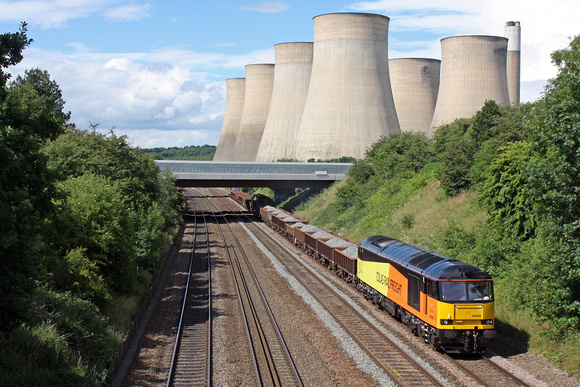 Colas 60096 with Rail Vac No 5 and 60076 at rear passes Ratcliffe on Soar, MML, overlooked by Ratcliffe Power Station Cooling Towers, on 2.7.16 with 6C55 1525 Toton North Yard - Hendon engineers train