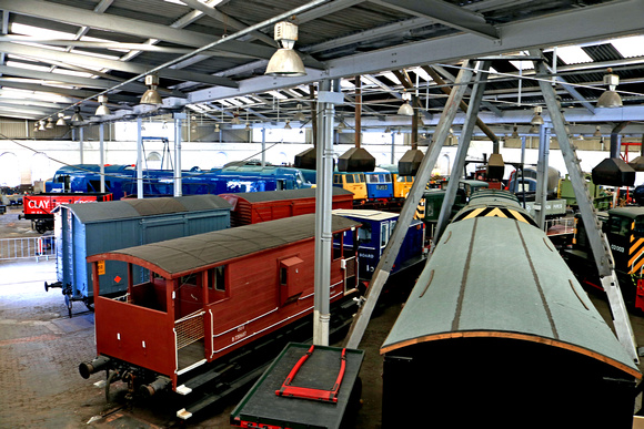 A general view inside Barrow Hill Roundhouse Museum of diesel and electric locos seen on 16.7.23