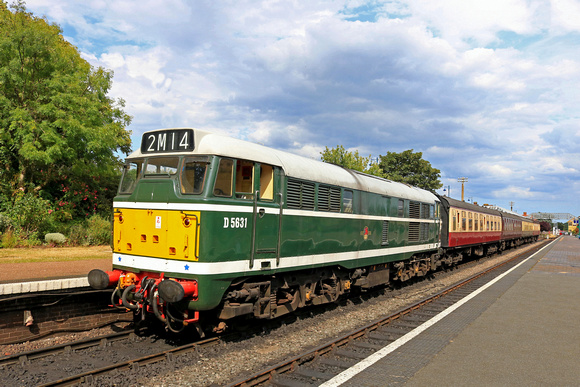 Brush Type 2  Class 31 No D5631 waits at Sheringham Station on 10.7.23 with 1605 Sheringham to Holt Heritage Diesel service on the North Norfolk Railway