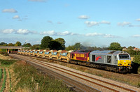 67026'Diamond Jubilee' & 67028 at Thurmaston 8.10.13 6M23 1257 Doncaster Up Decoy - Mountsorrel Sdgs via Humberstone Road, Leicester empty ballast wagons. First ever working of a pair of skips on this