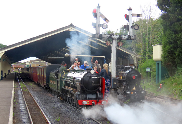 RHDR 4-6-2 Pacific Locomotive No 2 'Northern Chief' waits to depart New Romney Station on 3.8.23 with 1500 Dungeness to Hythe service whilst RHDR 4-6-2 No 10 'Dr Syn' is between duties (SMB)