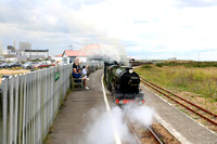 RHDR 4-6-2 Pacific Locomotive No1 'Green Goddess' departs Dungeness Station on 3.8.23 with 1500 Dungeness to Hythe service