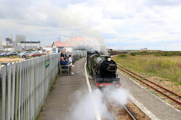 RHDR 4-6-2 Pacific Locomotive No1 'Green Goddess' departs Dungeness Station on 3.8.23 with 1500 Dungeness to Hythe service