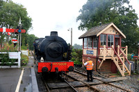 WD75008 Swiftsure 0-6-0ST (Hunslet Works No 2857) runs into Tenterden Town Station on 5.8.23 to work 1115 Tenterden to Bodium service the Kent and East Sussex Railway