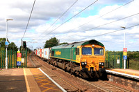 Freightliner Class 66 No 66542 enters Manningtree Station on 22.8.23 with 4L89 0410 Crewe Bas Hall S.S.M. to Felixstowe North F.L.T. Intermodal