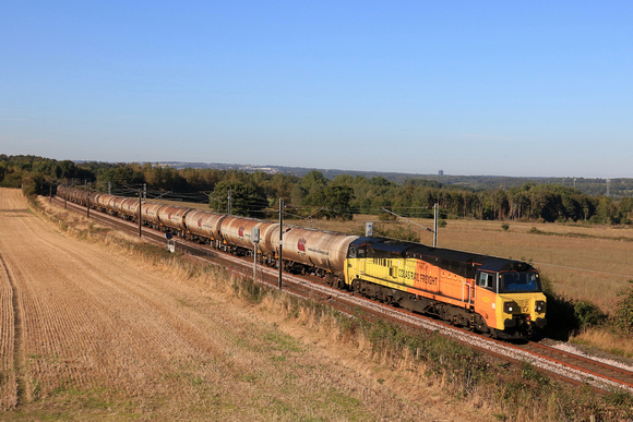 Colas Rail Freight Class 70 No 70813 passes Plawsworth near Durham, ECML on 17.9.24 with 6D43 1541 Jarrow Prax to Lindsey Oil Refinery Colas empty bogie tanks
