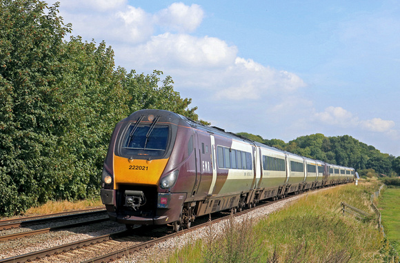 EMR Class 222 Meridian No 222021 & 222007 at Rearsby  near Melton Mowbray on 3.9.23 with diverted 1F07 1030 St Pancras International to Sheffield service