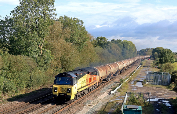 Colas Rail Class 70 No 70808 at Stenson Junction on 3.10.23 with 6M57 0702 Lindsey Oil Refinery Colas to Kingsbury Oil Sdgs loaded oil tanks