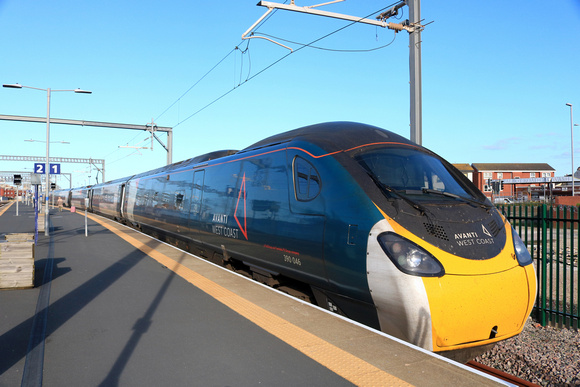 Avanti West Coast Class 390 Pendolino No 390046 waits at Platform 1, Blackpool North station on 12.10.23 to form the 9A84 1551 Blackpool North to London Euston service