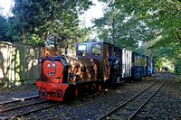 Narrow Gauge Hudswell Clarke No 38 Diesel Loco waits to depart Delph returning to Becconsall station, Hesketh Bank on 15.10.23 at the West Lancs Light Railway Pumpkin Express Special Event Day
