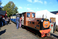 Narrow Gauge Hudswell Clarke No 38 Diesel Loco waits at Becconsall station, Hesketh Bank after arriving  from Delph on 15.10.23 at the West Lancs Light Railway Pumpkin Express Special Event Day