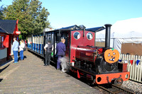 Narrow Guage Hunslet 0-4-0 saddle tank 'Irish Mail' waits at Becconsall station, Hesketh Bank after bring in train from Delph on 15.10.23 at the West Lancs Light Railway Pumpkin Express Special Event
