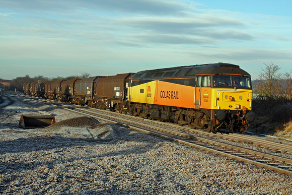 47727'Rebecca' at a very frost and sunny Saxondale heading towards Bingham on 19.1.11 with 6Z56 0602 Washwood Heath - Boston Docks empty steel wagons