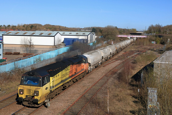 Colas Rail Class 70 No 70802 passes Pelaw Junction, Tyne and Wear on 1.4.25 with 6S26 1503 Seaham Harbour Colas Rail to Oxwellmains Lafarge Colas empty cement tanks