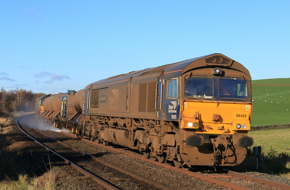 DRS  Class 66 No 66425 'Nigel J Kirchstein' at Hellifield on 5.11.23 with 3S29 0827 York Thrall Europa to York Thrall Europa via Hellifield Goods Loop RHTT working. DRS Class 66 No 66429 at rear