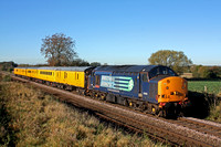 DRS 37601 'Class 37 - Fifty' with UTU3 and DSBO 9701 at rear at Copleys Brook on the outskirts of Melton Mowbray on 4.11.13 with 3Z10 0834 Derby RTC  - Old Dalby test train with for calibration