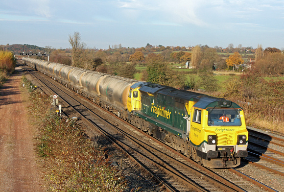 70010 at Trowell Junction on the mainline on 27.11.13 with 6L89 1149 Tunstead Sidings - West Thurrock loaded LaFarge cement tanks