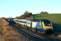 In the early morning low sun, Scotrail HST Class 43 No 43176 with 43137 at rear heads  towards Aberdour on 29.11.23 with 1A79 0930 Edinburgh to Aberdeen service