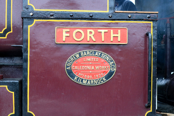 Andrew Barclay No 10 'Forth' builders plate and name Fife Heritage railway, Leven on 9.12.23